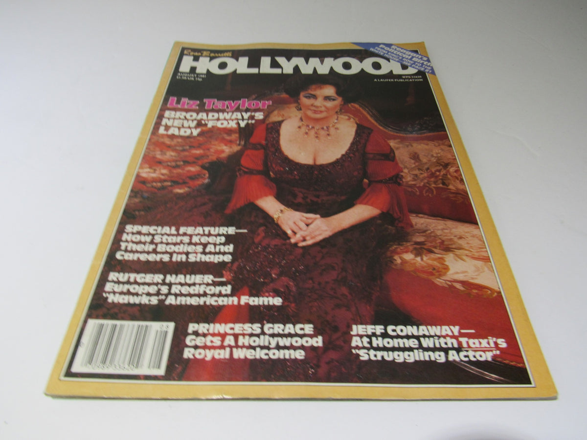 Cover of VTG Rona Barrette's Hollywood Magazine August 1981 featuring Elizabeth Taylor, highlighting her elegance and glamour along with articles about iconic figures of the 1980s.