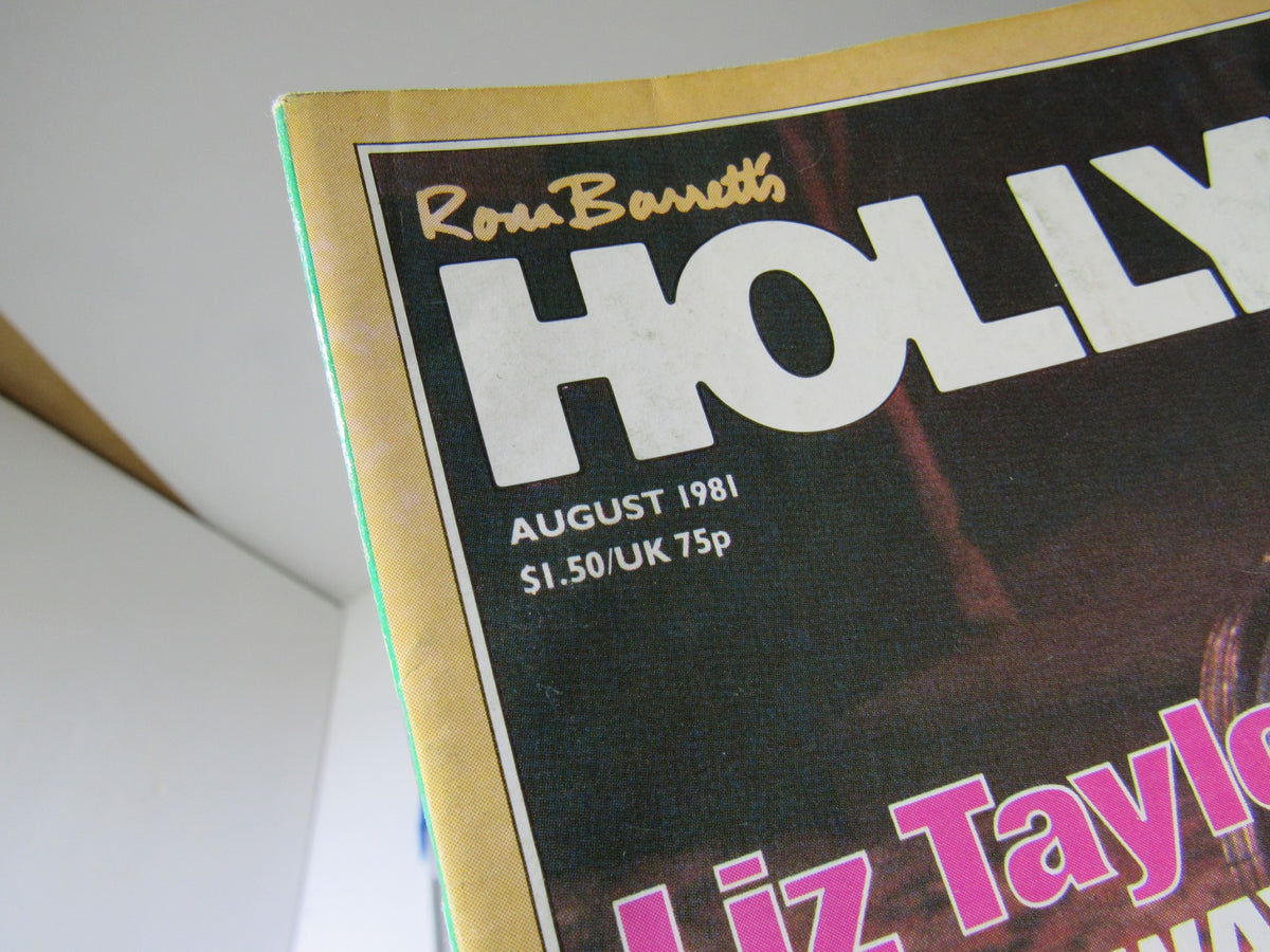 Close-up of the corner of VTG Rona Barrette's Hollywood Magazine August 1981 showing the publication's title and date, indicating its vintage status.