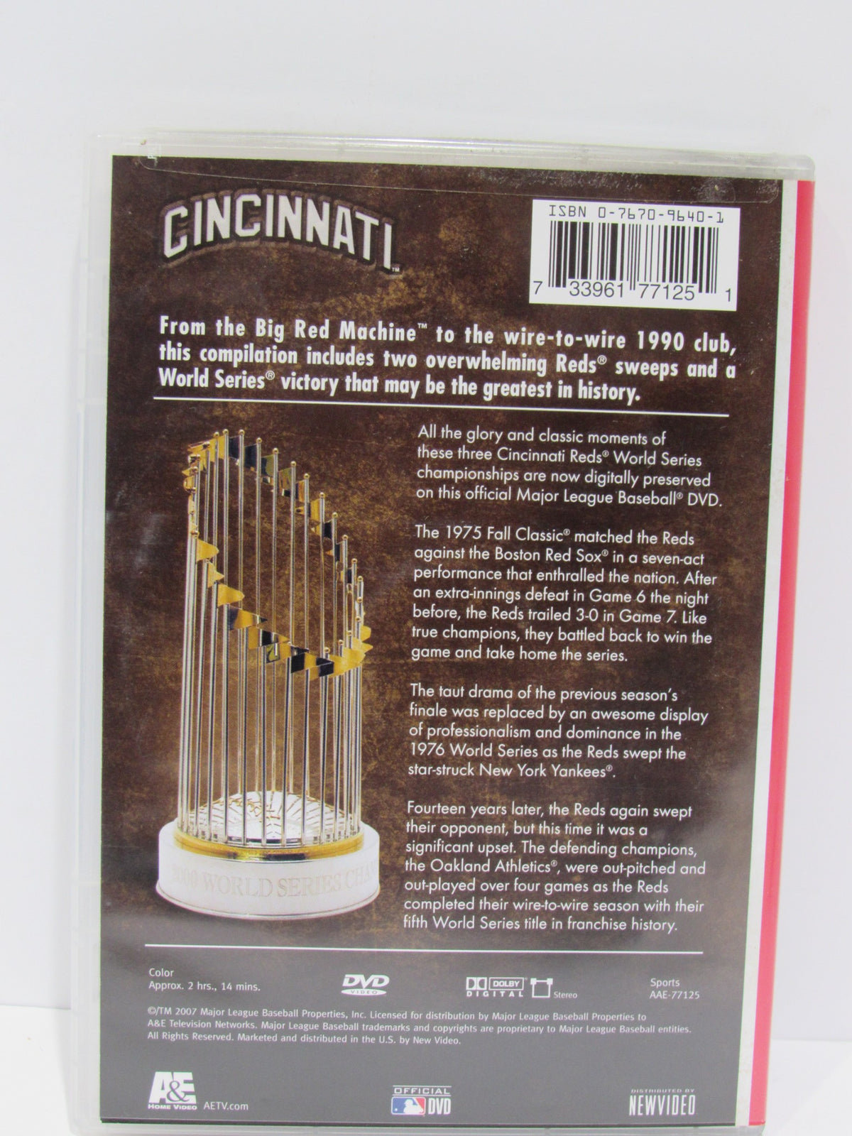 Back cover of the MLB Vintage World Series Films - Cincinnati Reds 1975, 1976 & 1990 DVD showcasing the World Series trophy and details about the legendary seasons.