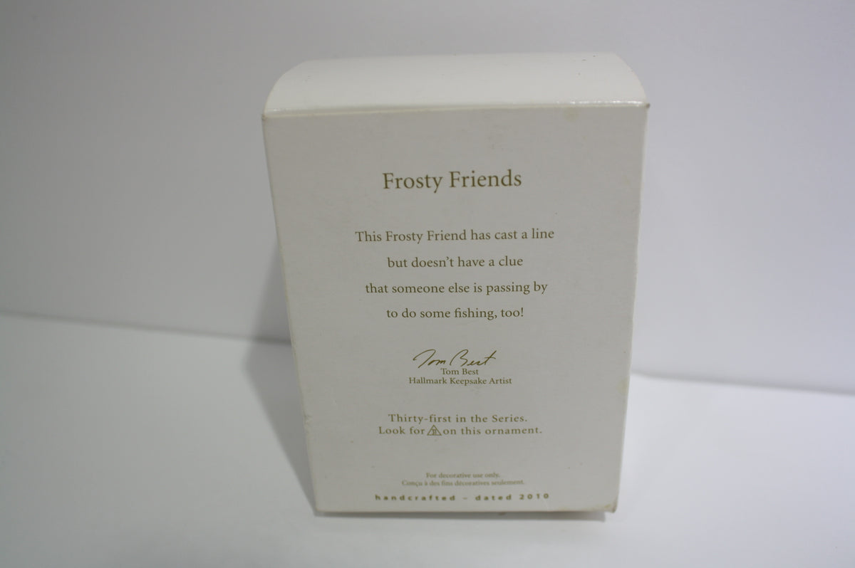 Description and details on the back of the 2010 Hallmark Keepsake Series Frosty Friends Fishing box, highlighting the figurine's features.