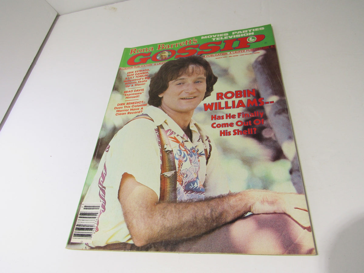 Cover of Rona Barrett's Gossip Magazine from March 1979 featuring Robin Williams, showcasing a colorful image with the headline about him coming out of his shell.