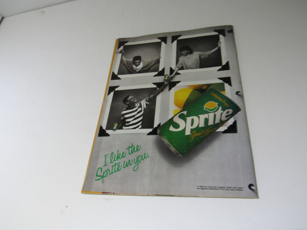 Back cover of a rare vintage Right On magazine from May 1990 featuring a black and white photo advertisement for Sprite, with the tagline 'I like the Sprite in you'.