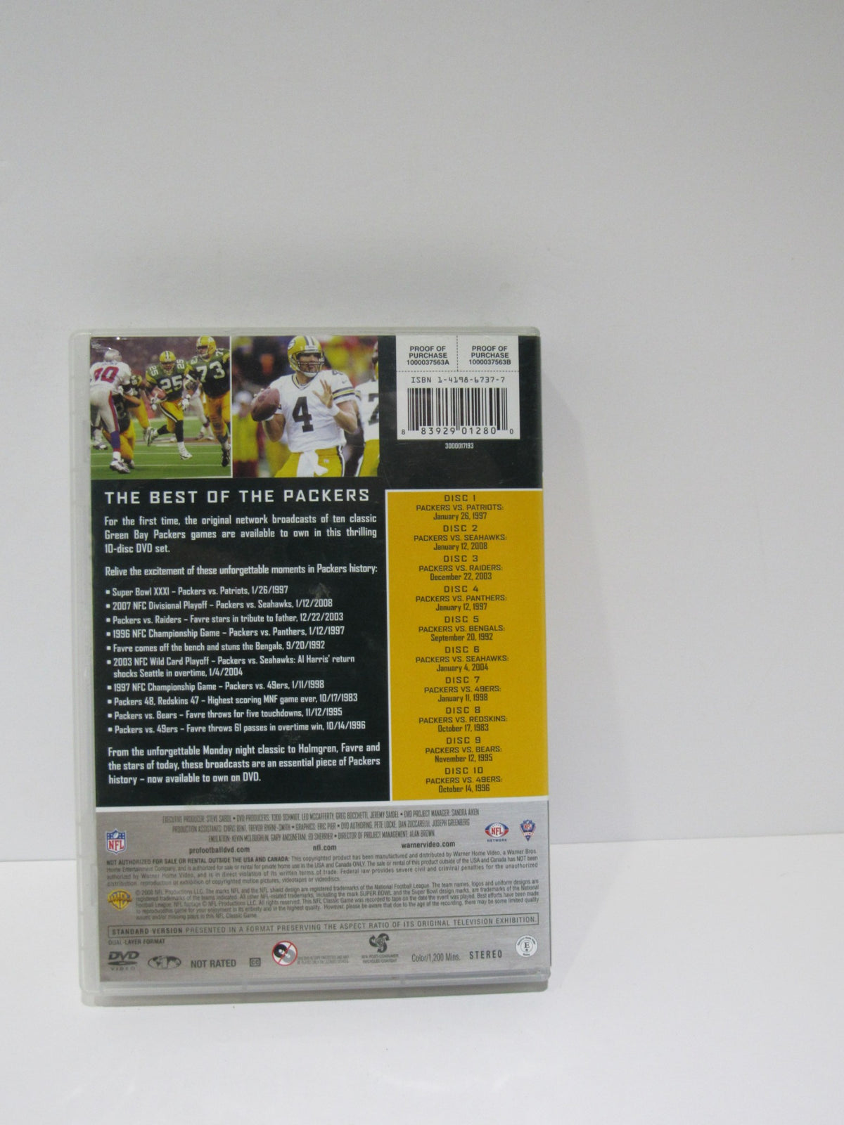Back cover of the NFL Greatest Games Series: Green Bay Packers Greatest Games DVD featuring game summaries and disc details.