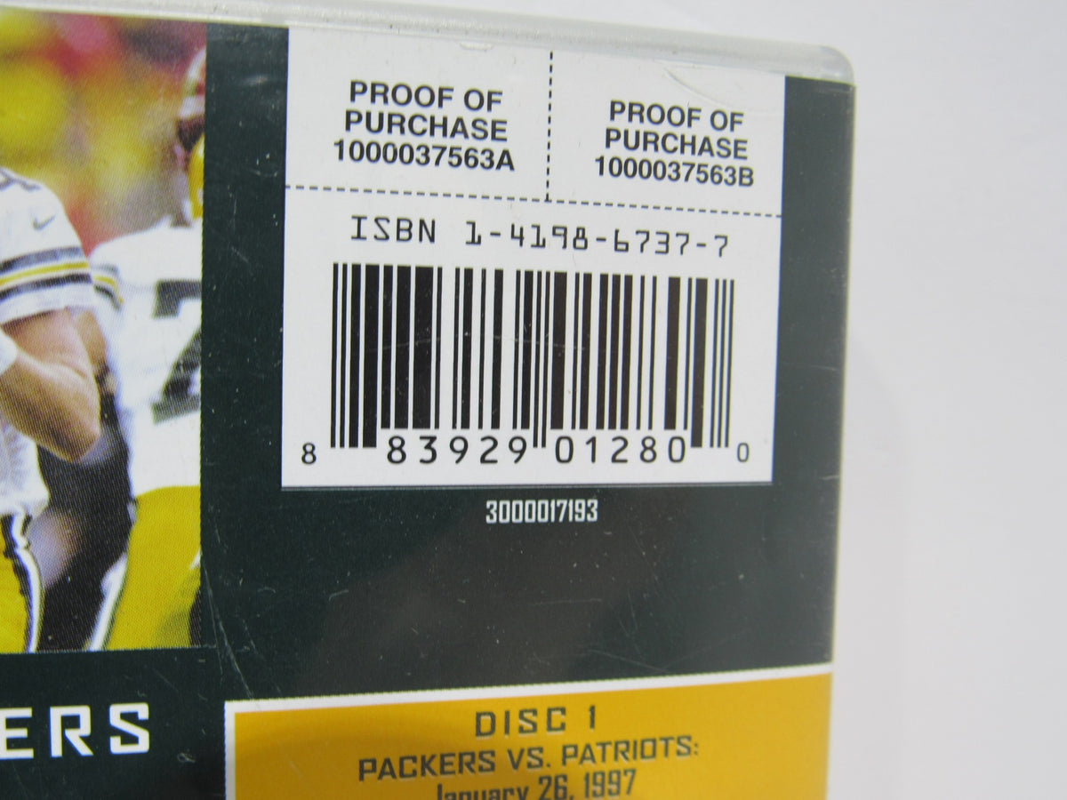 Close-up of the barcode and proof of purchase for the NFL Greatest Games Series: Green Bay Packers Greatest Games DVD.