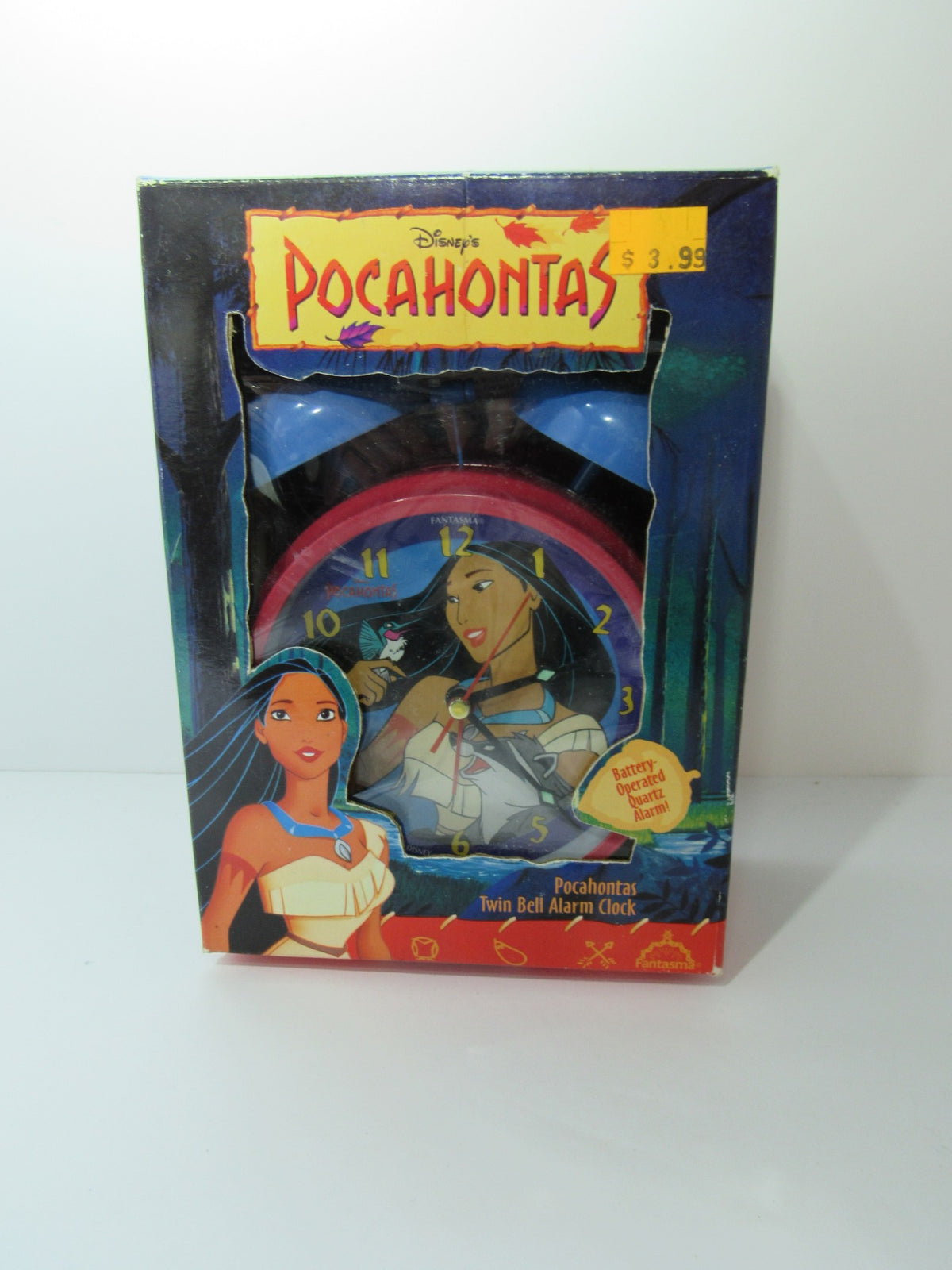 VTG Disney Pocahontas Twin Bell Alarm Clock in Original Box showcasing Pocahontas artwork and vintage design.