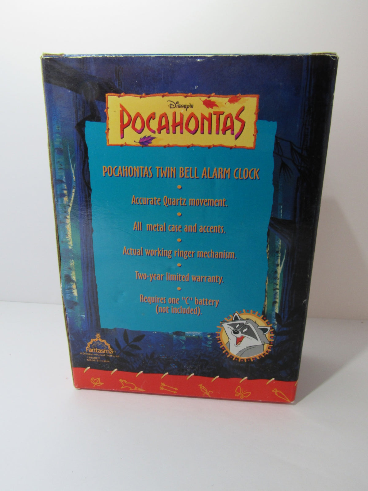 Back view of the original box for the VTG Disney Pocahontas Twin Bell Alarm Clock, detailing product information and features.