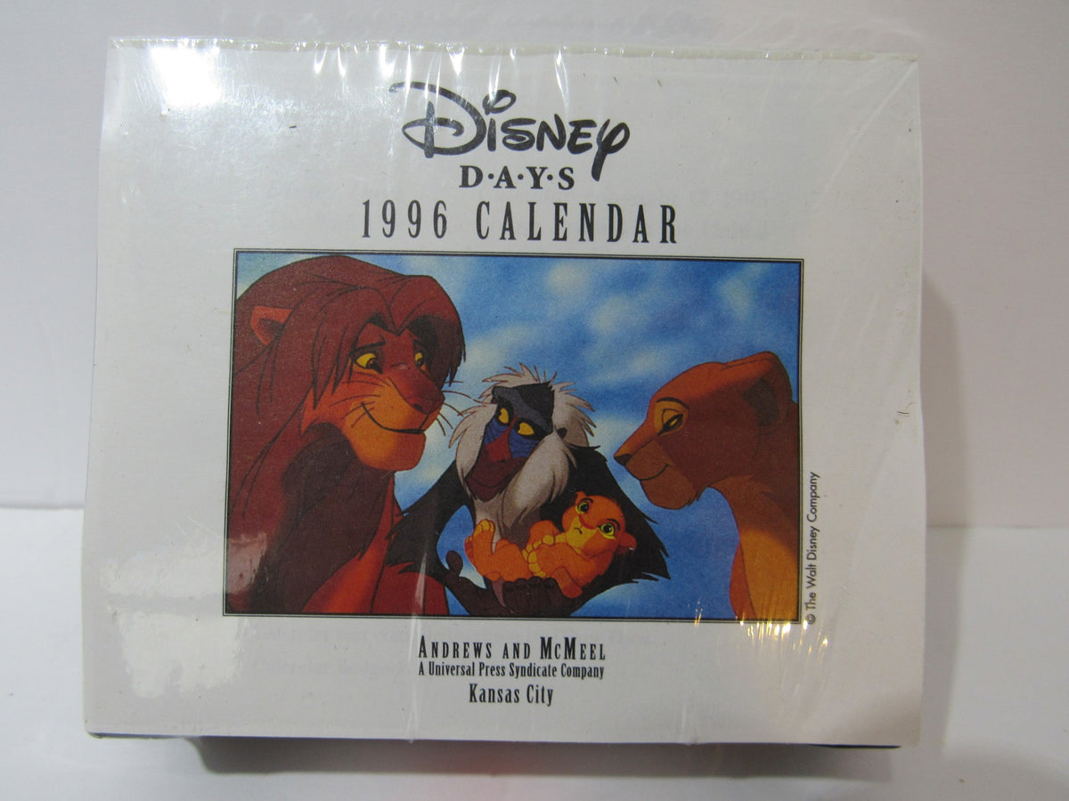 Disney Days 1996 Calendar showcasing iconic characters like Simba and Mufasa on the cover; a must-have for Disney fans and vintage collectors.