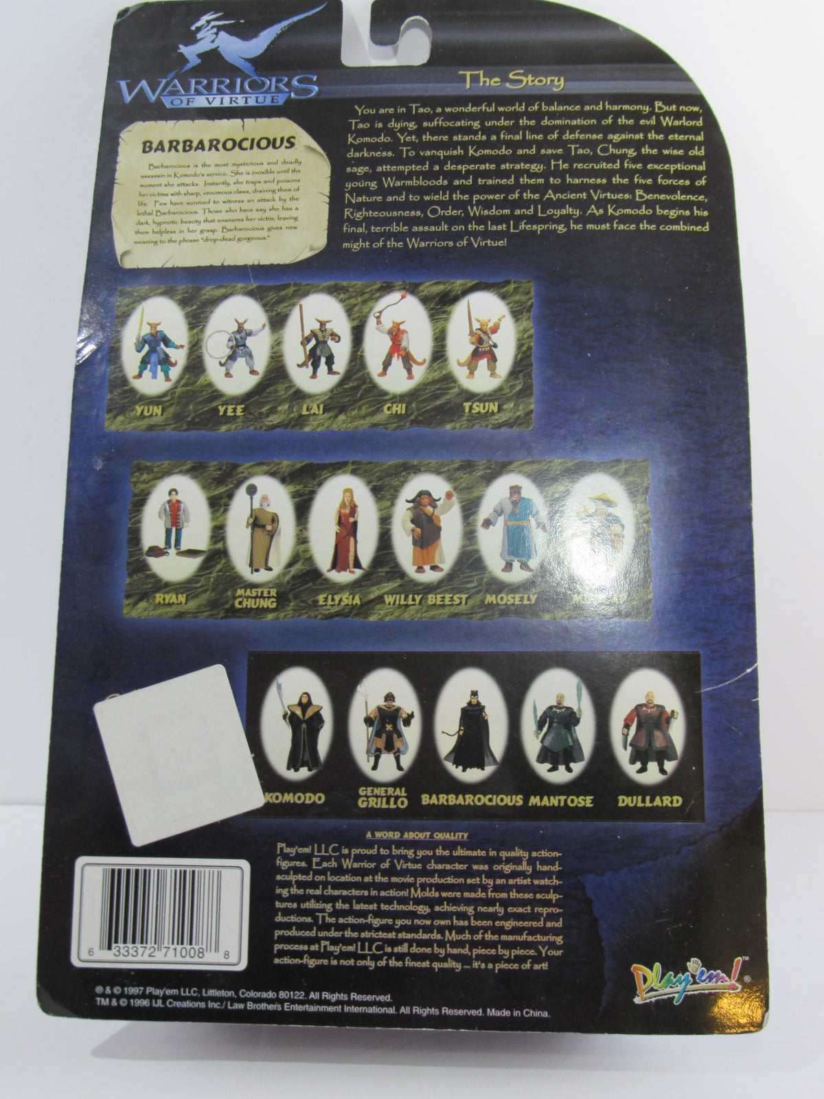 Back view of the 1997 Play'em Collectibles Warriors of Virtue Barbarocious Action Figure packaging, displaying character details and the storyline, highlighting its role in the Warriors of Virtue series.