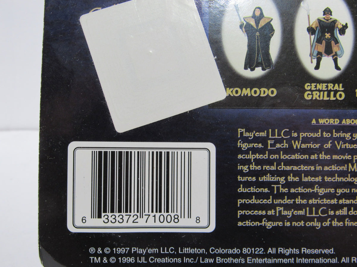 Close-up view of the packaging for the 1997 Play'em Collectibles Warriors of Virtue Barbarocious Action Figure, featuring the character lineup and barcode from the back of the box.