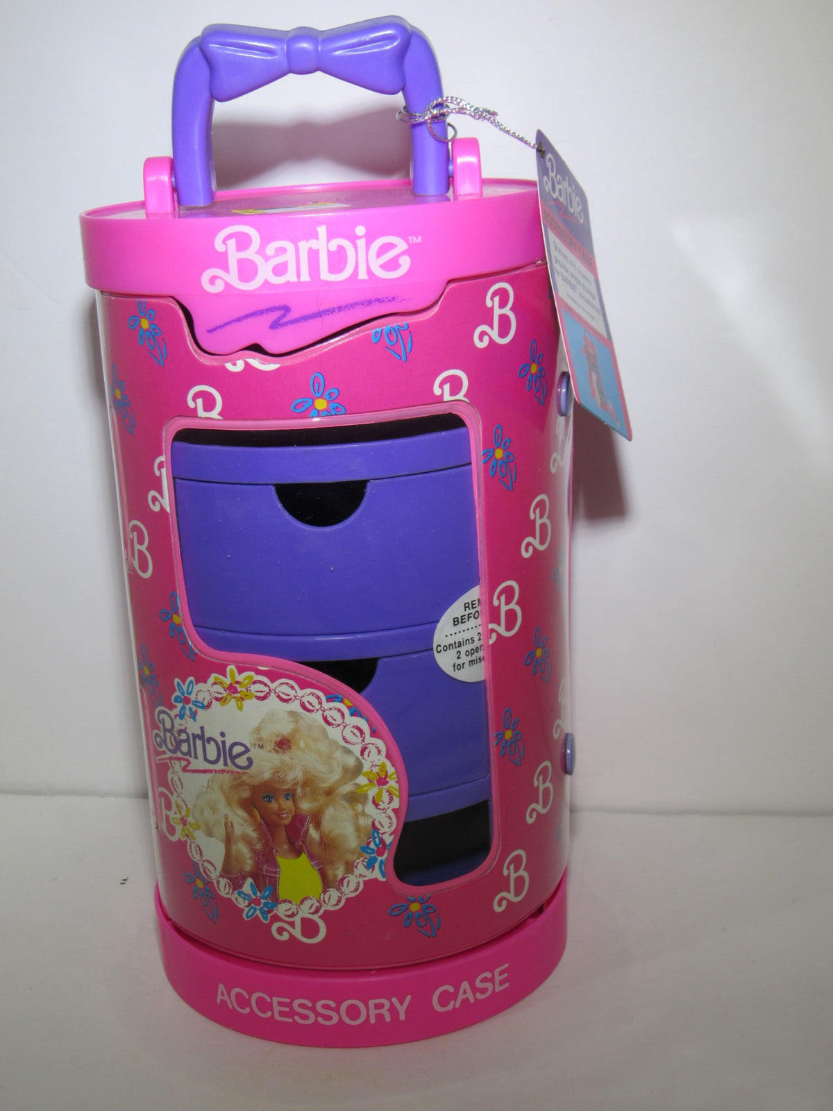 1993 Tara Toys Barbie Accessory Case featuring a colorful pink and purple design with Barbie branding, new in excellent condition, perfect for storing doll accessories.