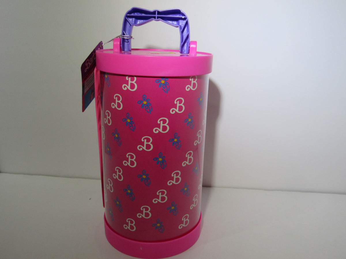 1993 Tara Toys Barbie Accessory Case - NEW, side view showcasing the colorful pink design adorned with the letter 'B' and floral motifs.