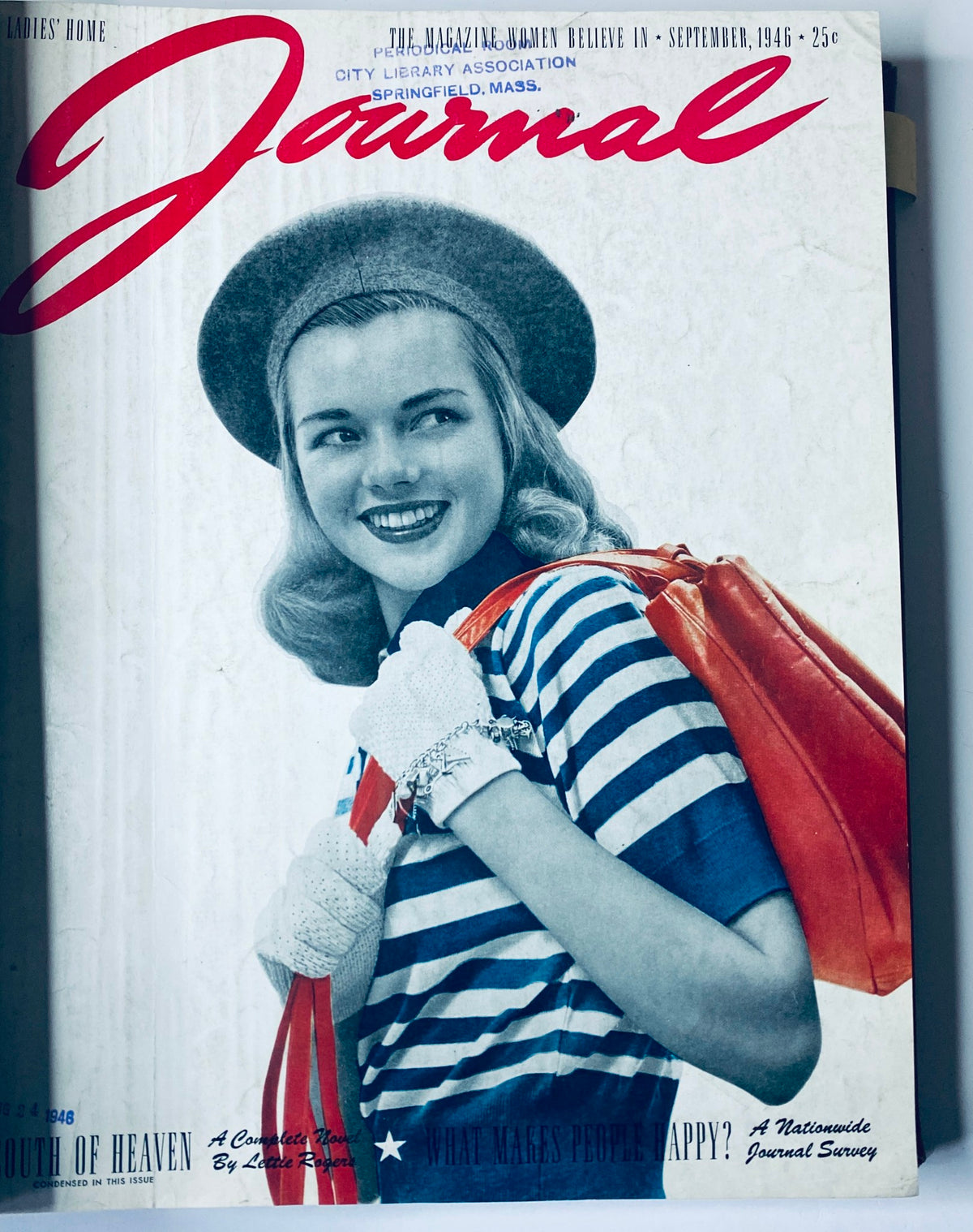Cover of Ladies' Home Journal Bound Magazine 1946 depicting a young woman with a striped shirt and a red bag, reflecting post-war fashion from September 1946.