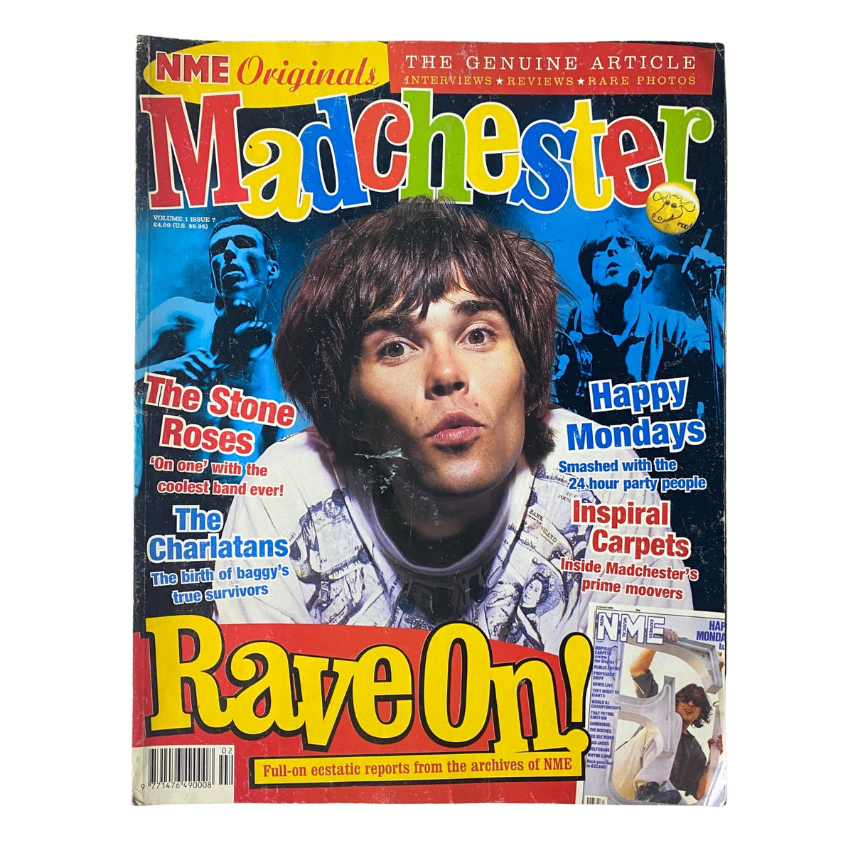 Cover of NME Originals Magazine Vol 1 Issue 7 featuring Madchester music scene, The Stone Roses, Happy Mondays, and The Charlatans.