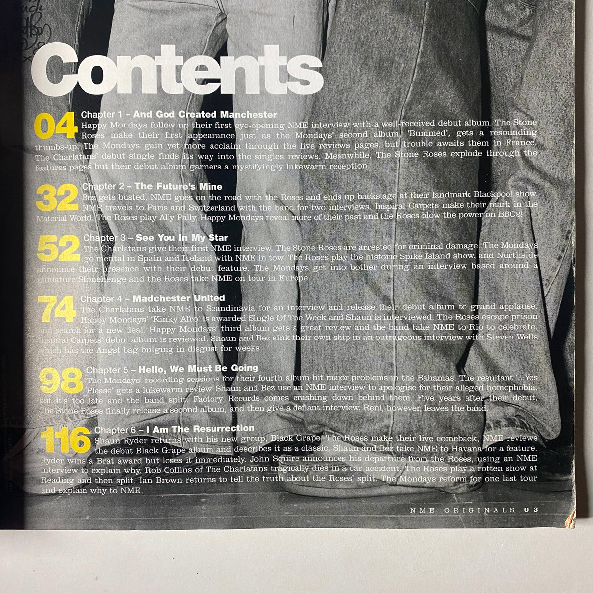 Contents page of NME Originals Magazine Vol 1 Issue 7 detailing chapters on Madchester, including interviews with The Stone Roses and Happy Mondays.