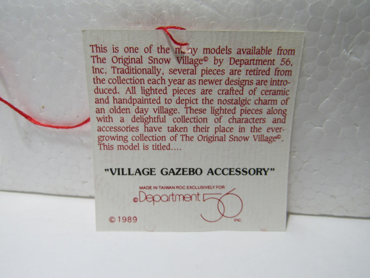 Tag description for the 1989 Vintage Department 56 Snow Village Series Village Gazebo #5146-2 highlighting the craftsmanship and details.