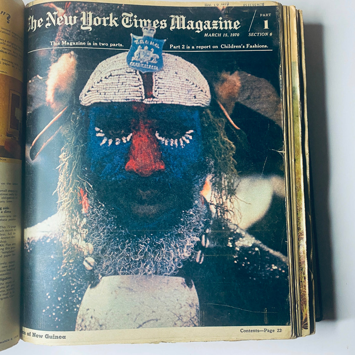 The New York Times Library Edition Bound Magazine features an indigenous man adorned with traditional face paint and attire, presented in the March 15, 1970 issue. This image represents cultural heritage and artistry.