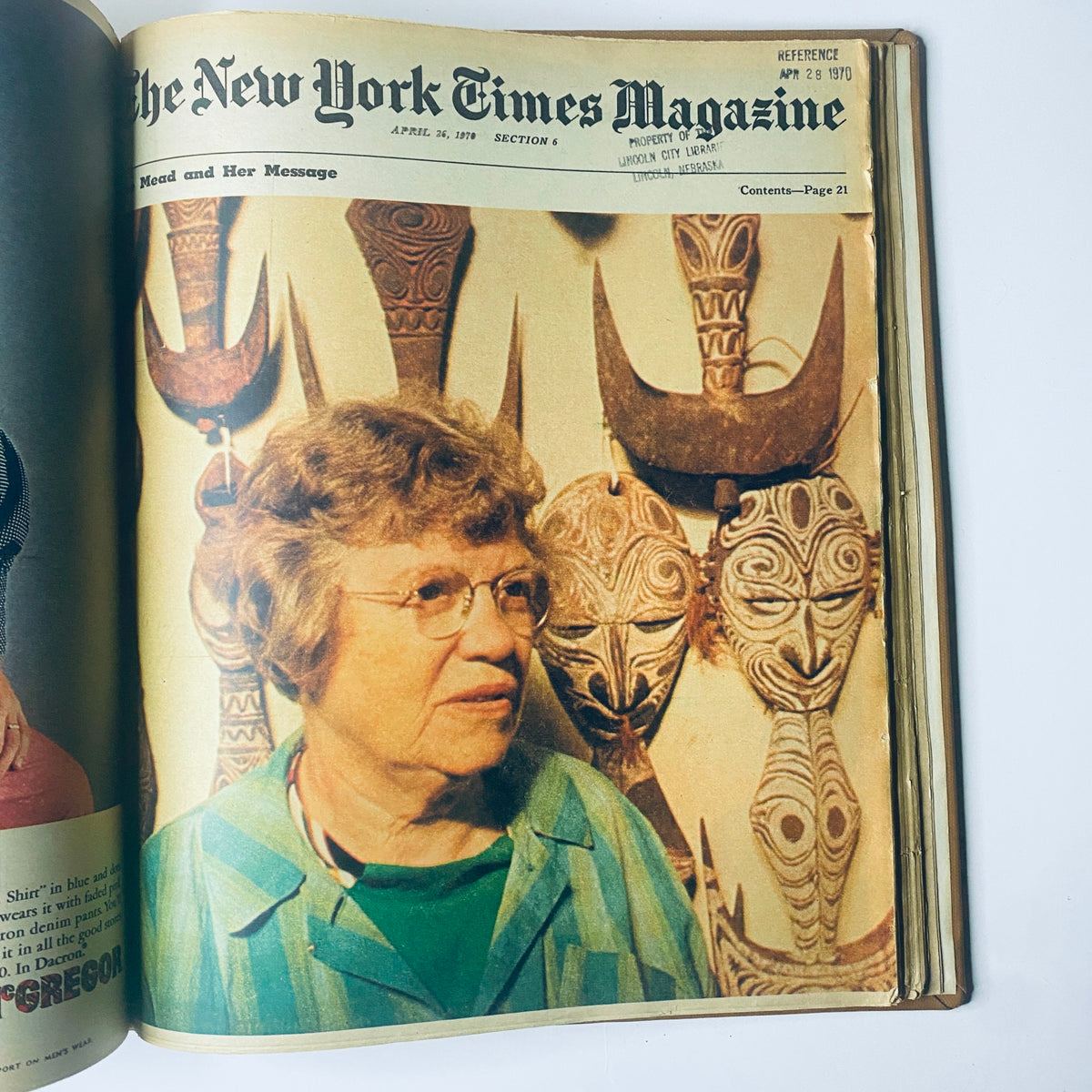 The New York Times Library Edition Bound Magazine, featuring a photo of a woman in a striped top alongside tribal masks, from the April 26, 1970 issue.
