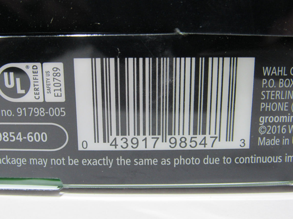 Barcode of the 2016 Wahl Pro 9854-600 Lithium-ion Rechargeable 17-piece Hair Trimmer, part of the product's identification for retail purposes.