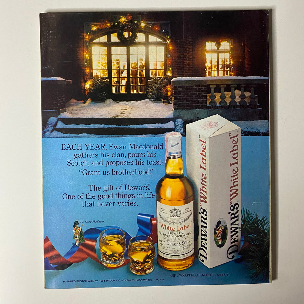 Advertisement from Fortune Magazine December 15, 1980 for Dewar's White Label Scotch, featuring a snowy holiday scene with whisky gifts.