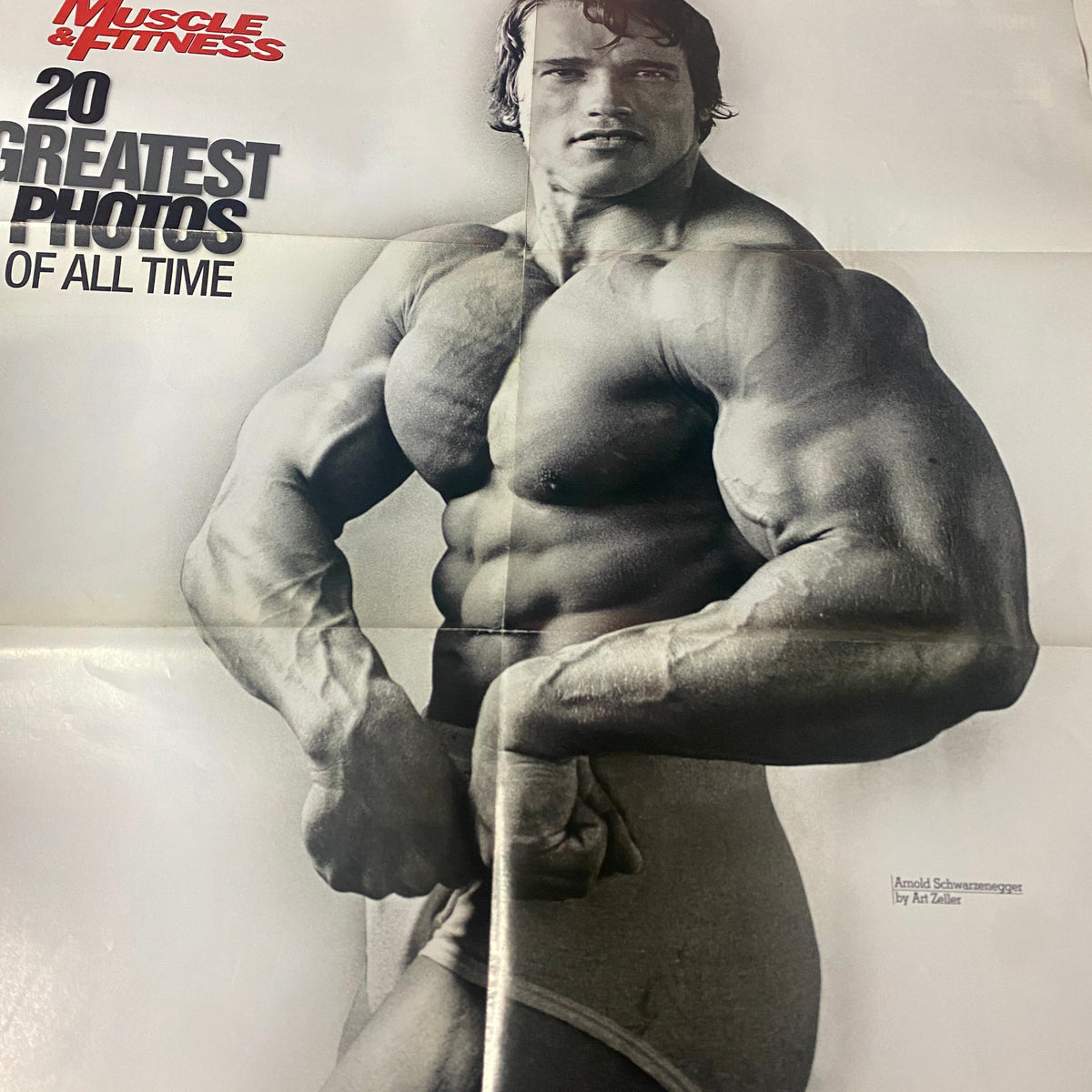 Arnold Schwarzenegger featured in a poster from Muscle & Fitness Magazine July 1997, showcasing one of the 20 Greatest Photos of All Time.