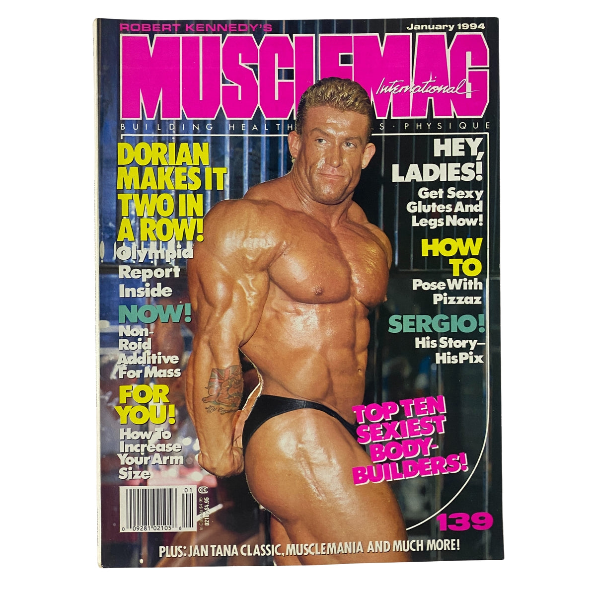 Cover of MuscleMag International Magazine January 1994 No. 139 featuring Dorian Yates, highlighting fitness and bodybuilding themes.