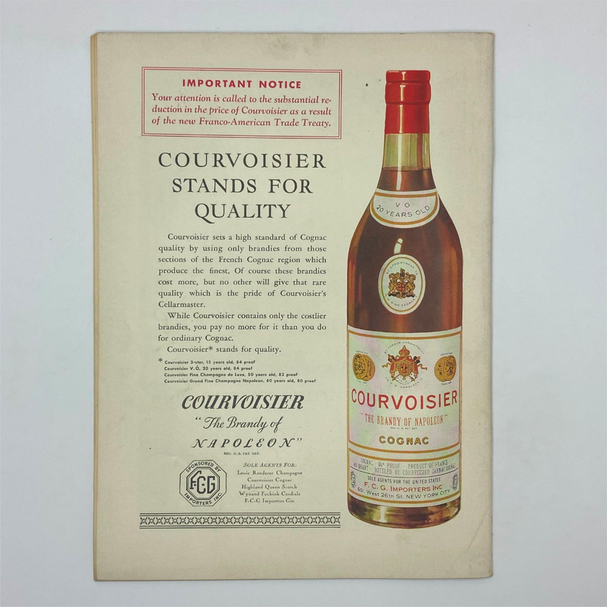 Advertisement for Courvoisier Cognac showcasing a 20-year-old bottle with a description emphasizing quality standards, featuring the title 'The New Yorker Complete Magazine July 18, 1936 Antonio Petrucelli Cover'.