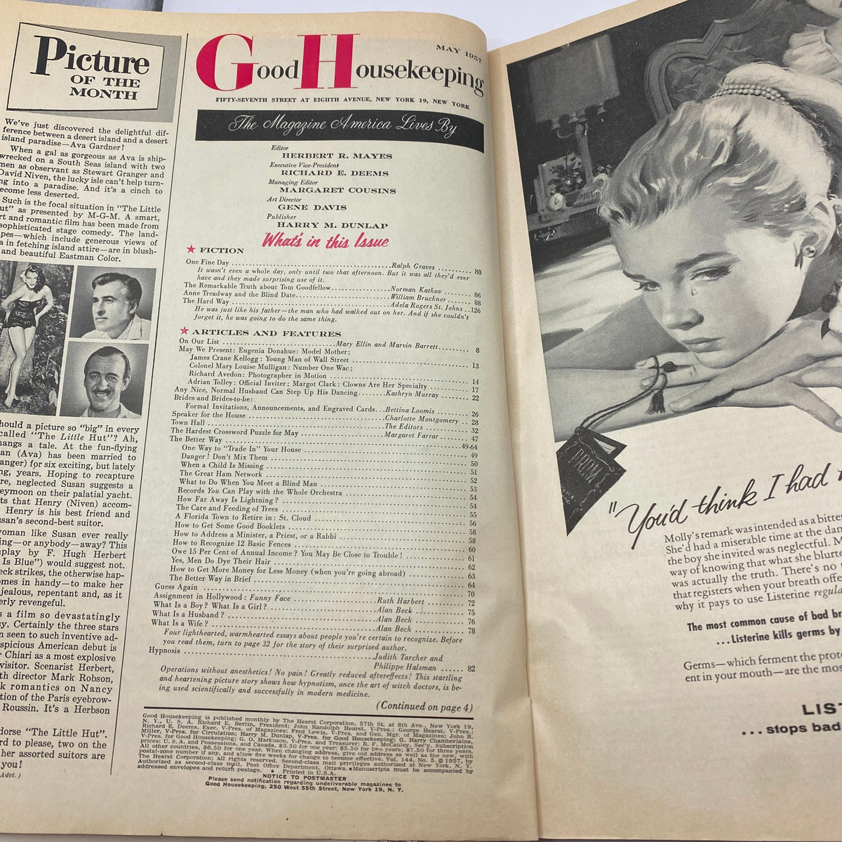 Interior page of the VTG Good Housekeeping Magazine May 1957 displaying the table of contents and articles, representing 1950s magazine layout.