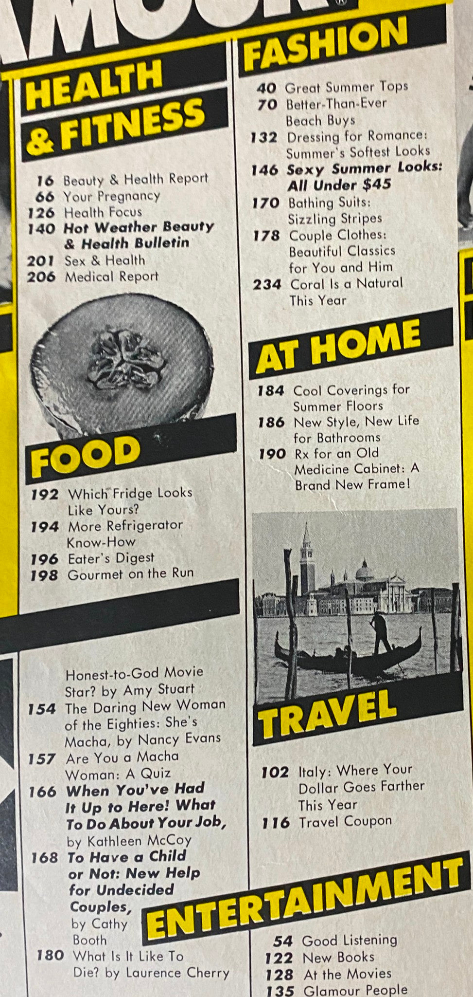 Table of contents from Glamour Magazine July 1981, highlighting sections on health, fitness, fashion, food, travel, and entertainment, reflecting the cultural trends of the early 1980s.