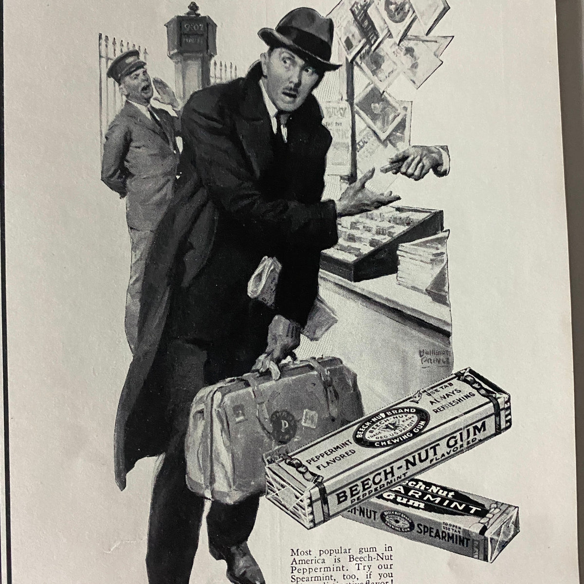 Engaging illustration from Life Magazine April 23, 1937 depicting a man purchasing Beech-Nut gum. The image highlights a humorous scene characteristic of the magazine's playful style, showcasing the era's advertising.