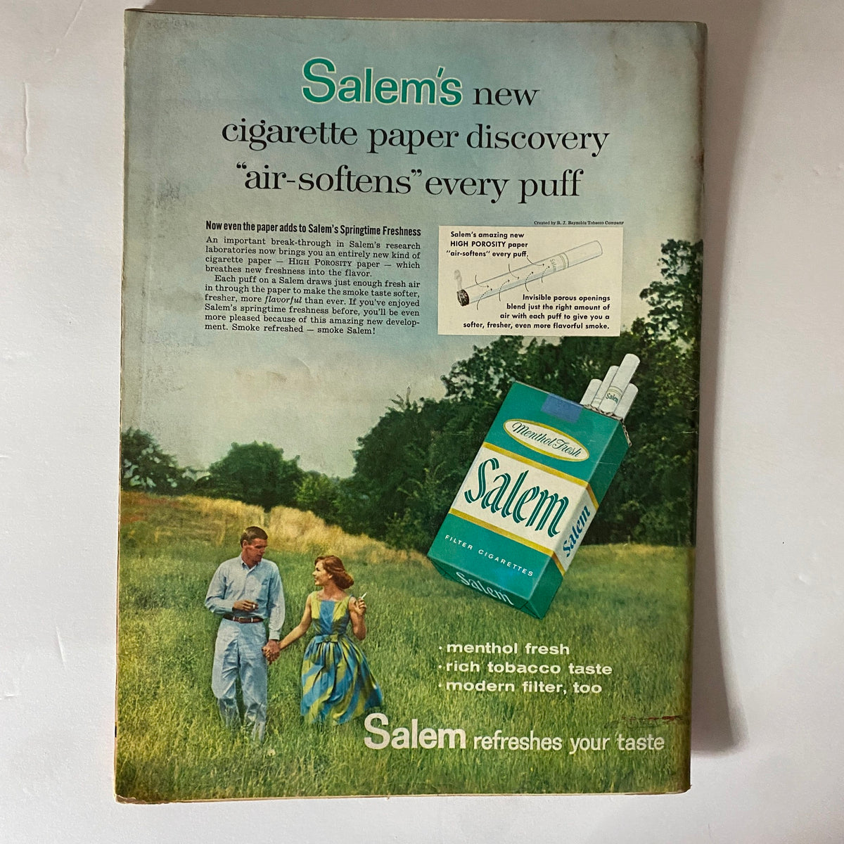 Back cover of Life Magazine September 14, 1959, featuring an advertisement for Salem cigarettes, depicting a young couple in a grassy field promoting the product's unique features.