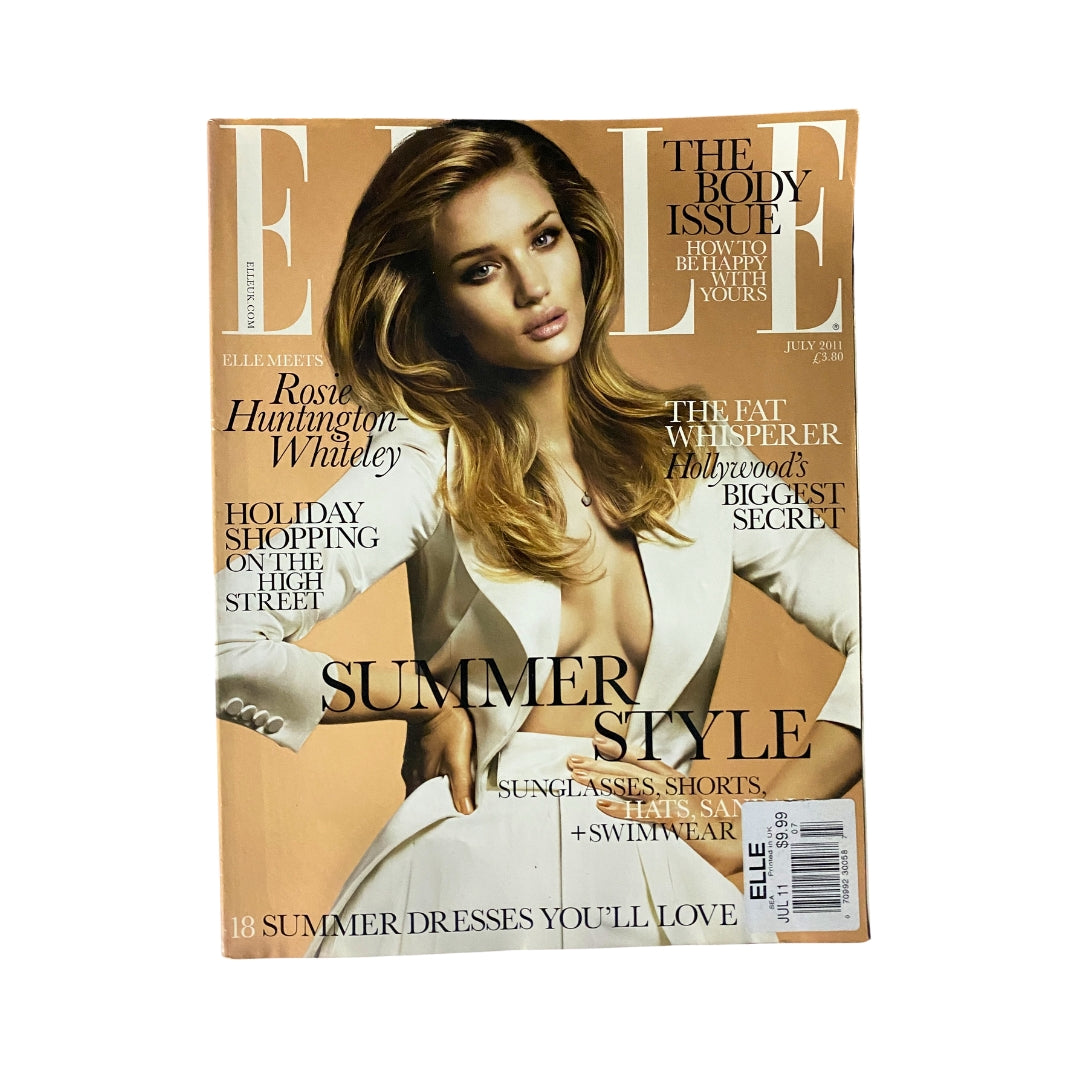 Elle UK Magazine July 2011 featuring Rosie Huntington-Whiteley on the cover, highlighting summer fashion trends such as stylish sunglasses and swimwear.