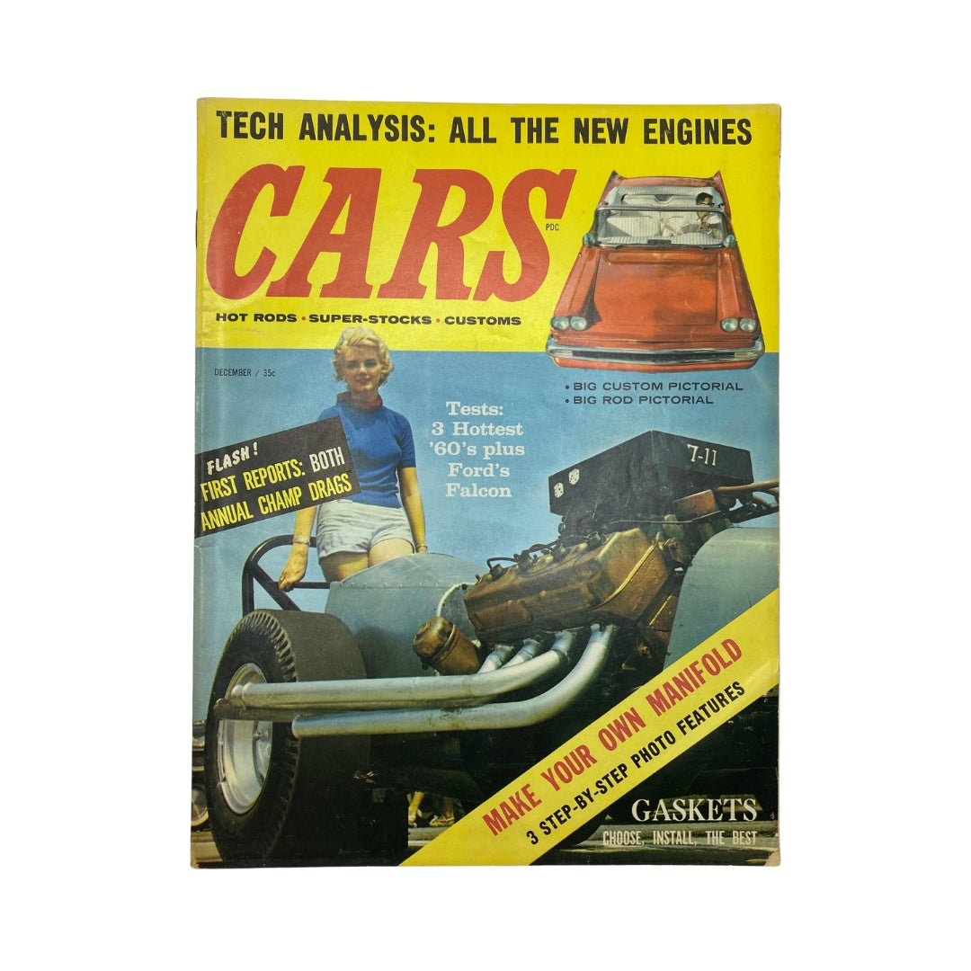 Vintage Cars Magazine December 1959 featuring a tech analysis of new engines, with a colorful cover showing a young girl and a custom vehicle. Highlights include automotive tests and coverage of racing events, perfect for collectors and enthusiasts.