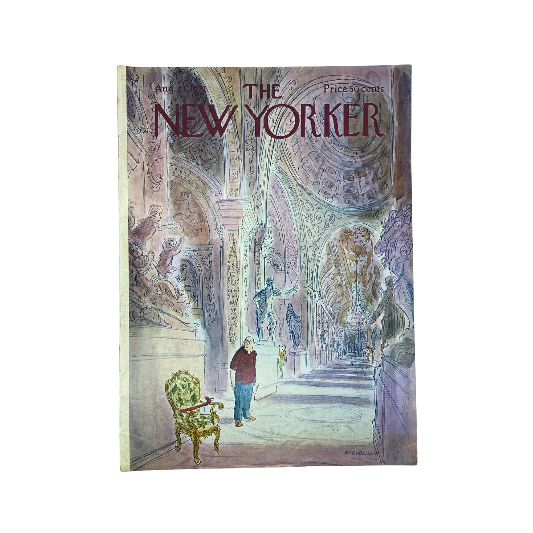 The New Yorker Complete Magazine August 21, 1971 by James Stevenson featuring a watercolor illustration of a gallery with a man standing next to a decorative chair, depicting the artistic style of the early 1970s.