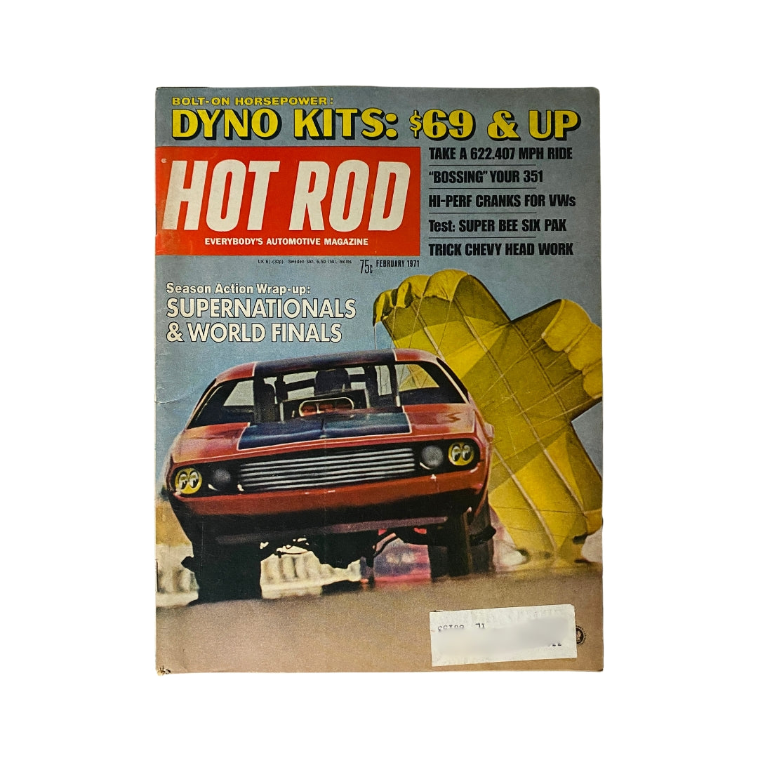VTG Hot Rod Magazine February 1971 cover featuring details about Supernationals and World Finals with an image of a drag racing car.