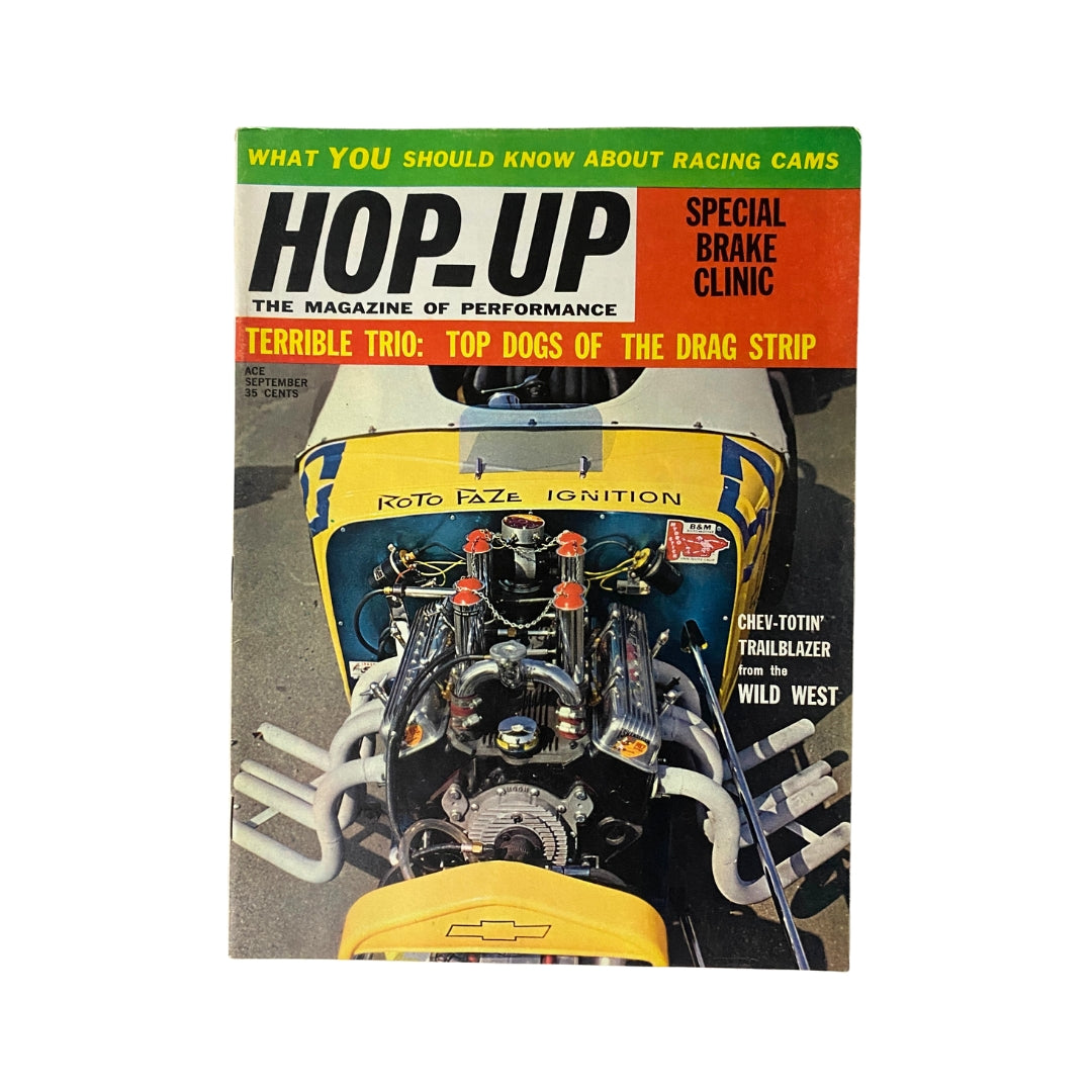 Cover of the VTG Hop-Up Magazine September 1963 featuring the Chev Totin' Trailblazer, with emphasis on racing cams and drag racing performance.