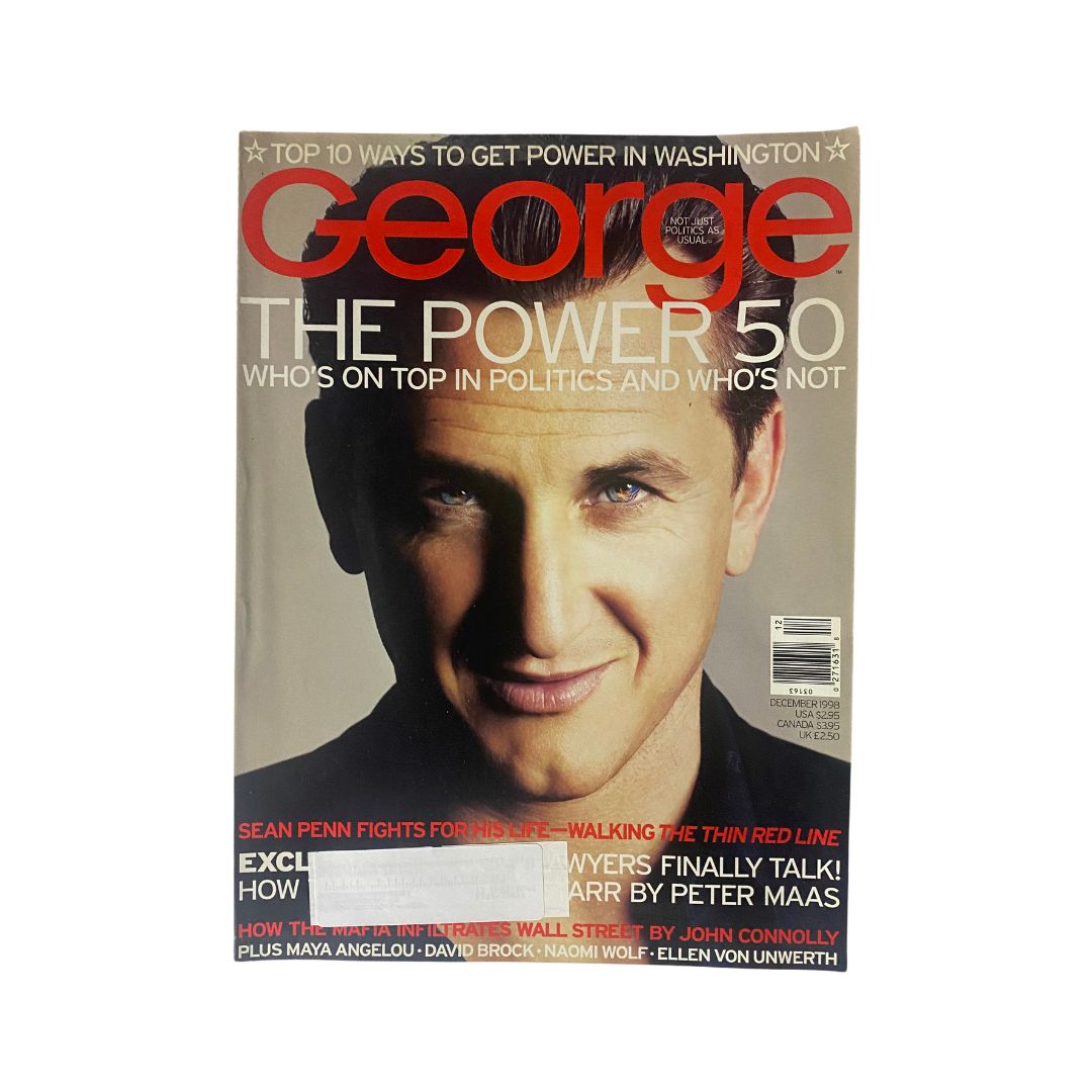 George Magazine December 1998 with Sean Penn on the cover, highlighting the Power 50 in politics and entertainment, featuring a close-up of Sean Penn's face.