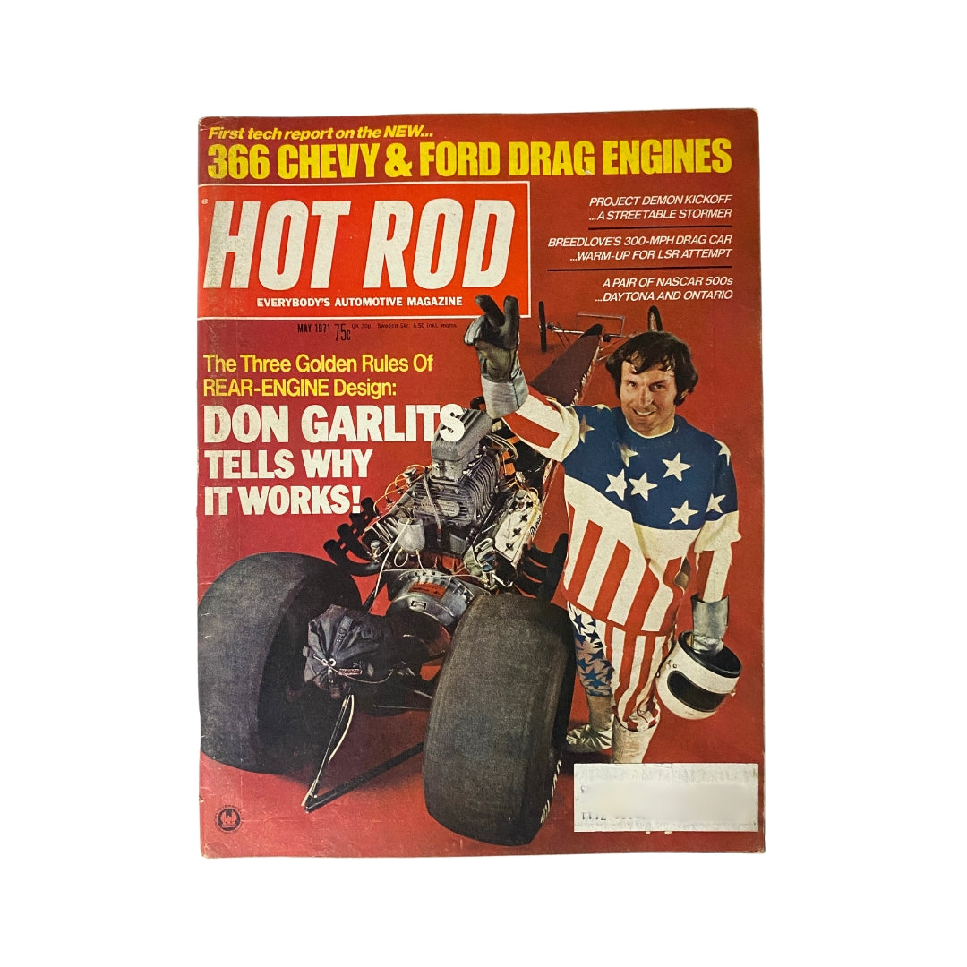 Vintage Hot Rod Magazine May 1971 cover featuring Don Garlits discussing rear-engine design innovations.