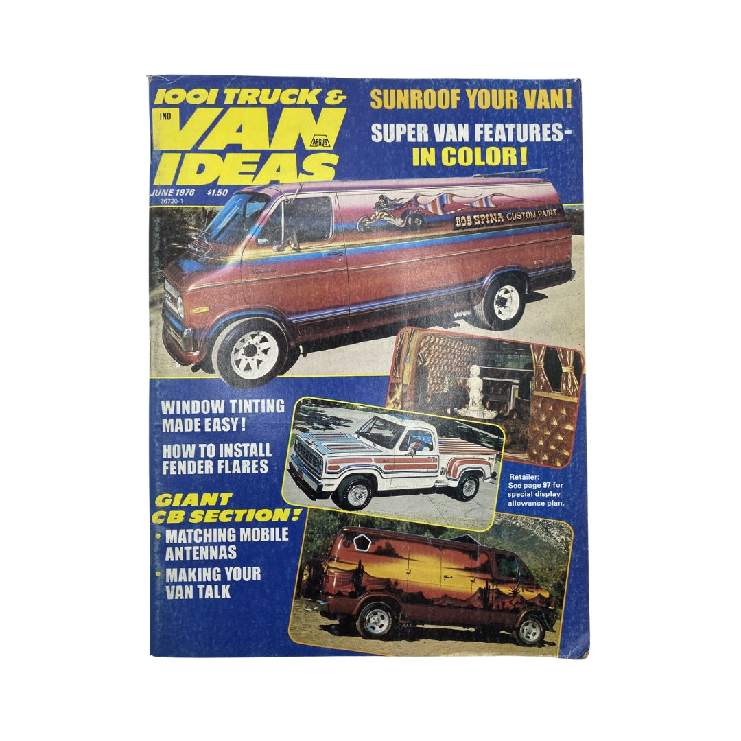 Cover of VTG 1001 Truck & Van Ideas Magazine from June 1976 featuring a colorful custom van, highlighted features, and tips such as window tinting and CB radio insights.