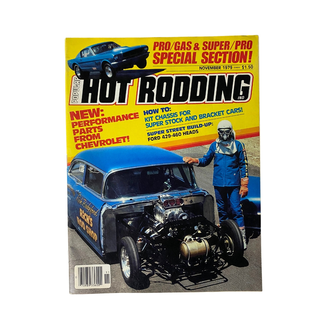 Cover of VTG Hot Rodding Magazine November 1979 featuring Ford 429-460 heads, showcasing a vintage car and racing theme.
