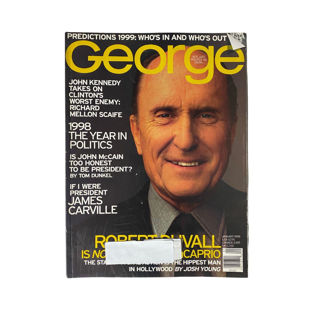 Cover of George Magazine January 1999 featuring Robert Duvall and James Carville. The magazine highlights predictions for the year, political commentary, and pop culture discussions. Rare collectible item for vintage magazine enthusiasts.