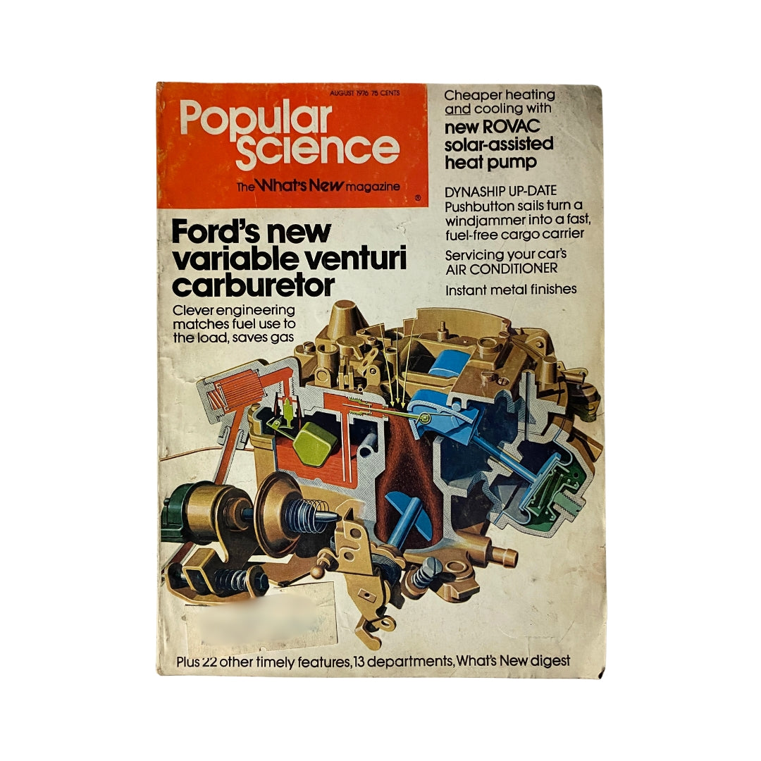 Cover of VTG Popular Science Magazine August 1976 featuring Ford's new variable venturi carburetor, illustrating automotive innovation.