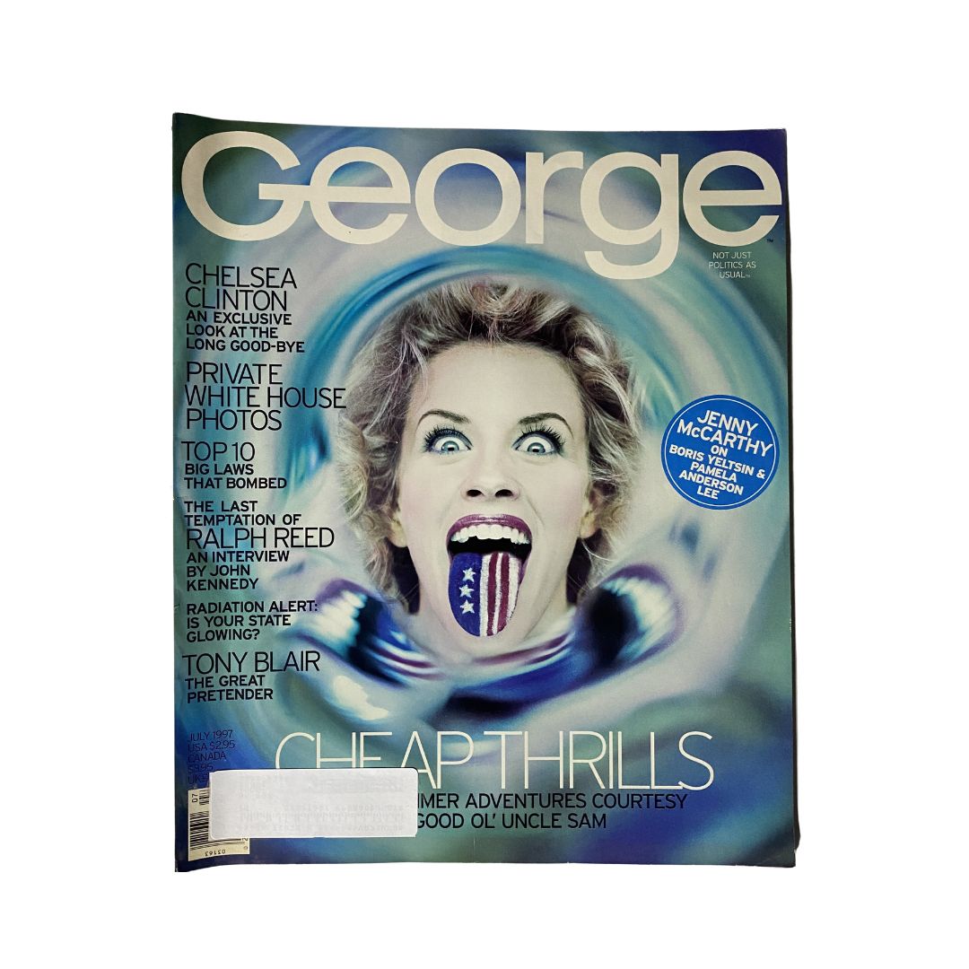 George Magazine July 1997 Chelsea Clinton Cover featuring striking visual elements and the phrase 'Cheap Thrills' prominently displayed, highlighting Chelsea Clinton's influential presence during her formative years as the daughter of President Bill Clinton.