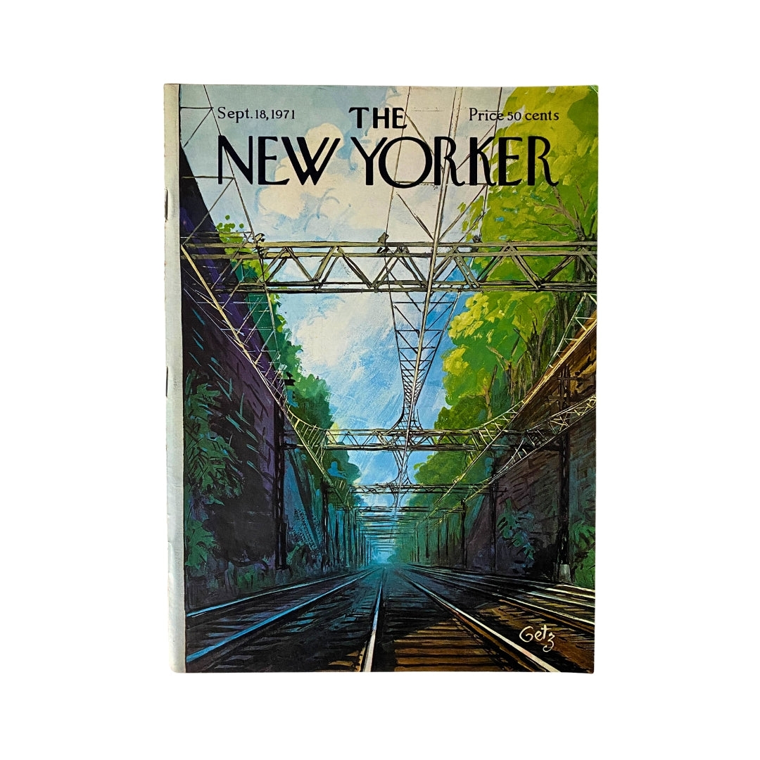 The New Yorker Complete Magazine September 18, 1971 featuring a vibrant cover illustration by Arthur Getz, depicting a scenic view of train tracks beneath a lush green landscape.