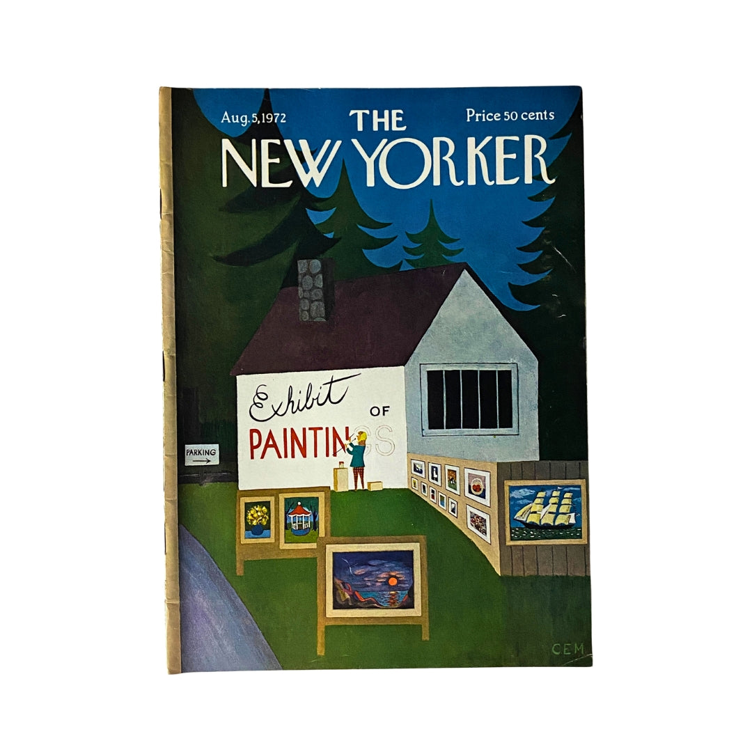 The New Yorker Complete Magazine August 5, 1972 cover featuring art by Charles E. Martin, showcasing an exhibit of paintings with a quaint gallery setting.