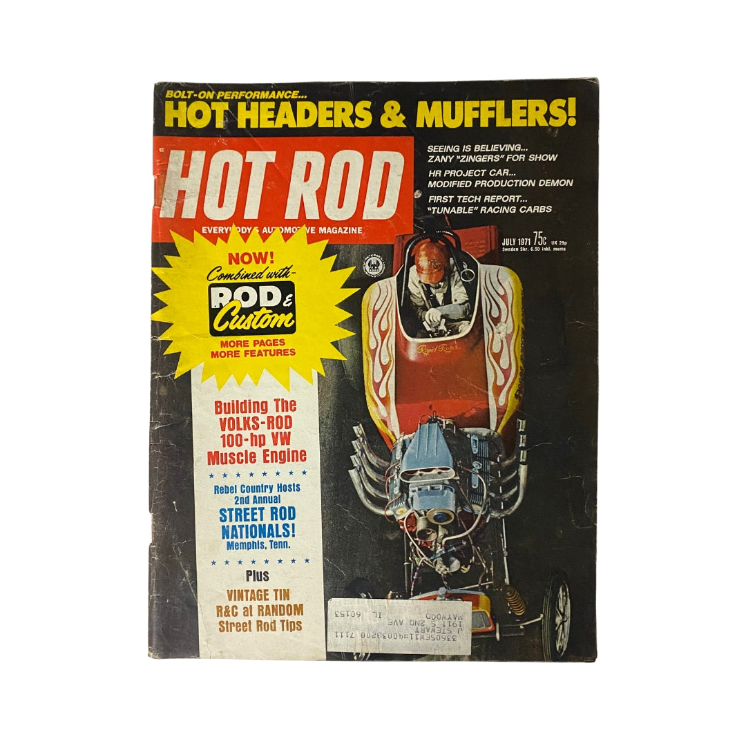 Cover of VTG Hot Rod Magazine from July 1971 featuring the Oakland Roadster Show '71, showcasing a colorful hot rod illustration and text about automotive performance.
