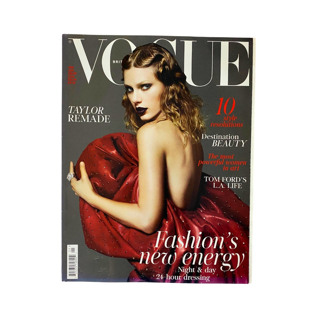 Vogue UK Magazine January 2018 featuring Taylor Swift on the cover, styled in a red dress. The magazine highlights '10 style resolutions' and 'Fashion's new energy'.