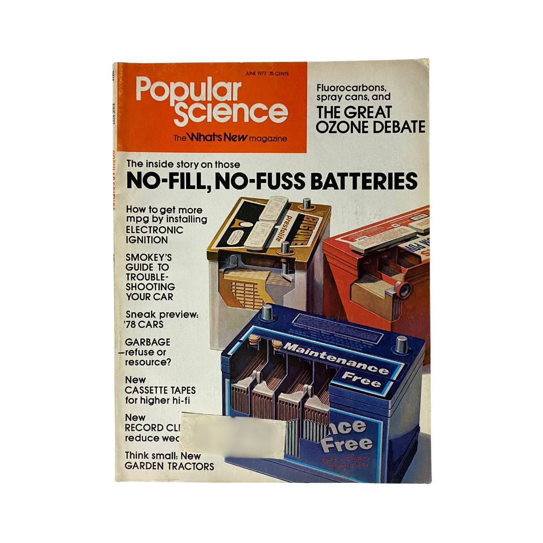 Cover of VTG Popular Science Magazine June 1977 featuring articles on high-performance sports cars, no-fill batteries, and automotive tips.