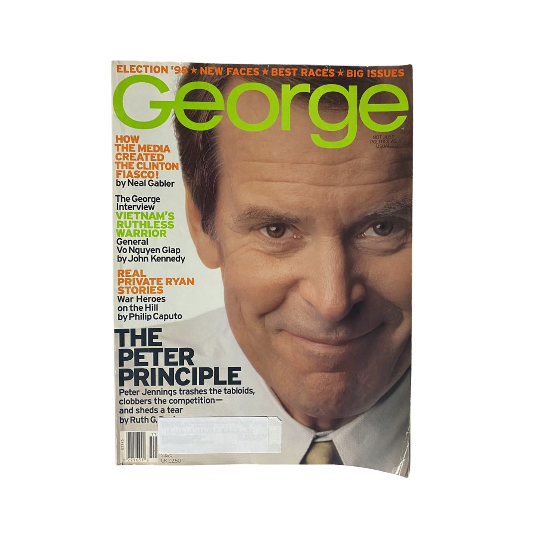 Cover of George Magazine November 1998 featuring Peter Jennings with the headline 'The Peter Principle'. This issue highlights significant political topics and features Peter Jennings, a renowned journalist.