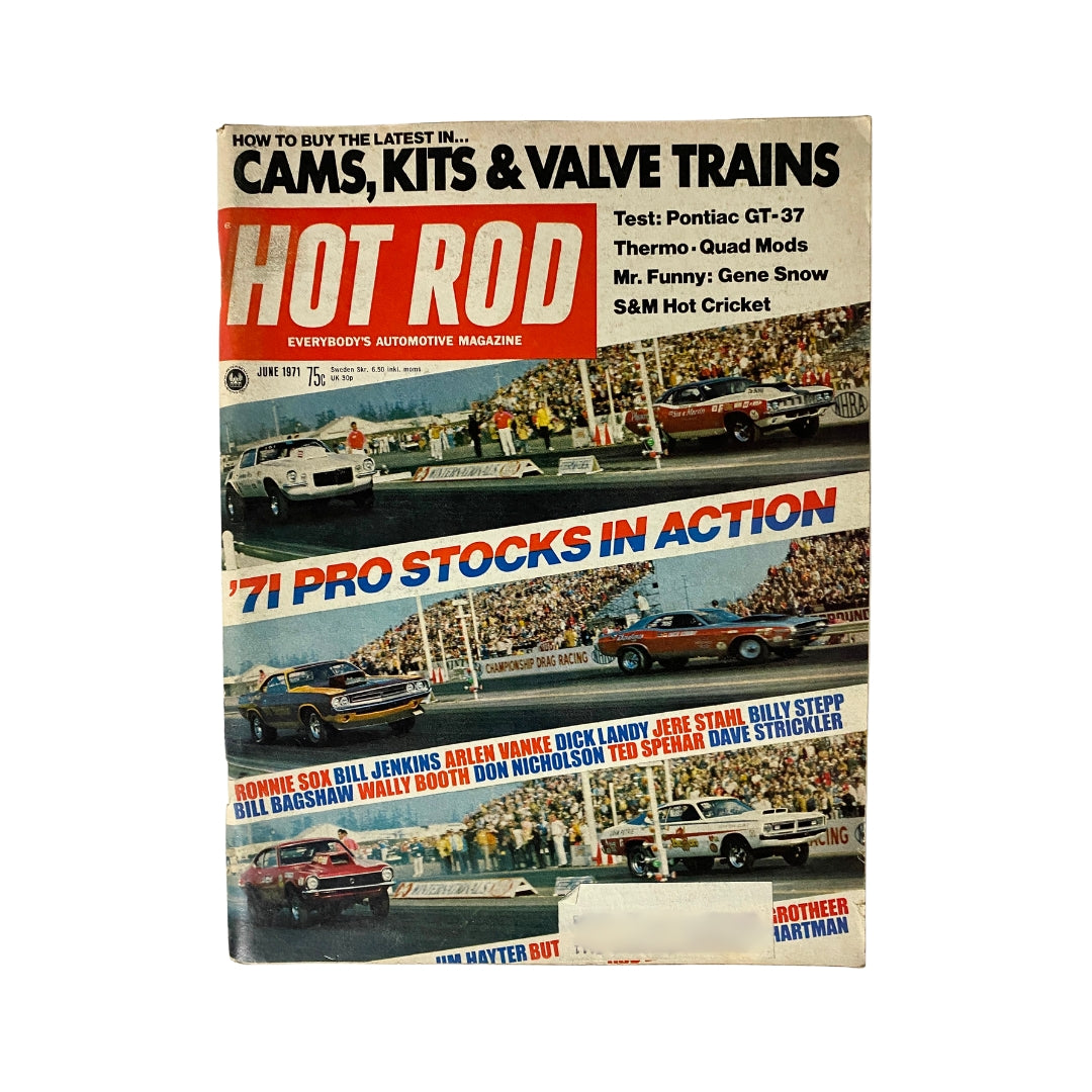Cover of VTG Hot Rod Magazine June 1971 featuring Pontiac's Answer to The GTO, showcasing '71 Pro Stocks in action and various automotive features.