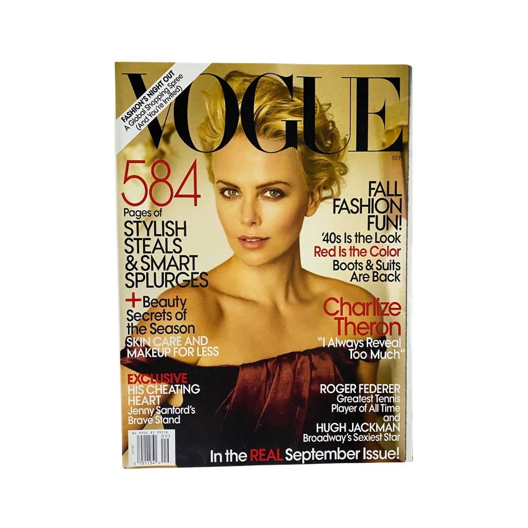 Vogue Magazine September 2009 cover featuring Charlize Theron, promoting fall fashion and including exclusive features on Roger Federer and Broadway's Hugh Jackman.